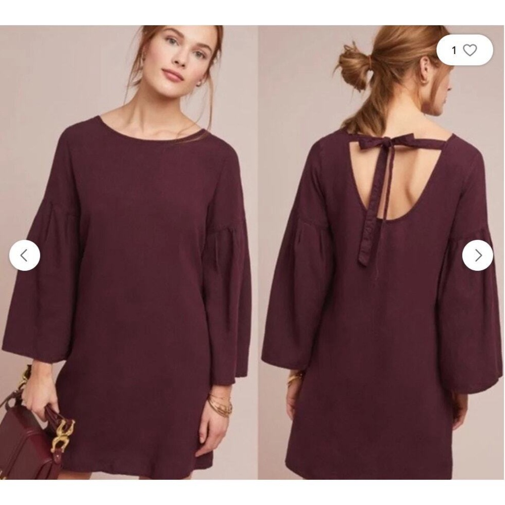 Anthropologie Cloth‎ & Stone Tiffany Bell Sleeve Purple Burgundy Dress Size PM